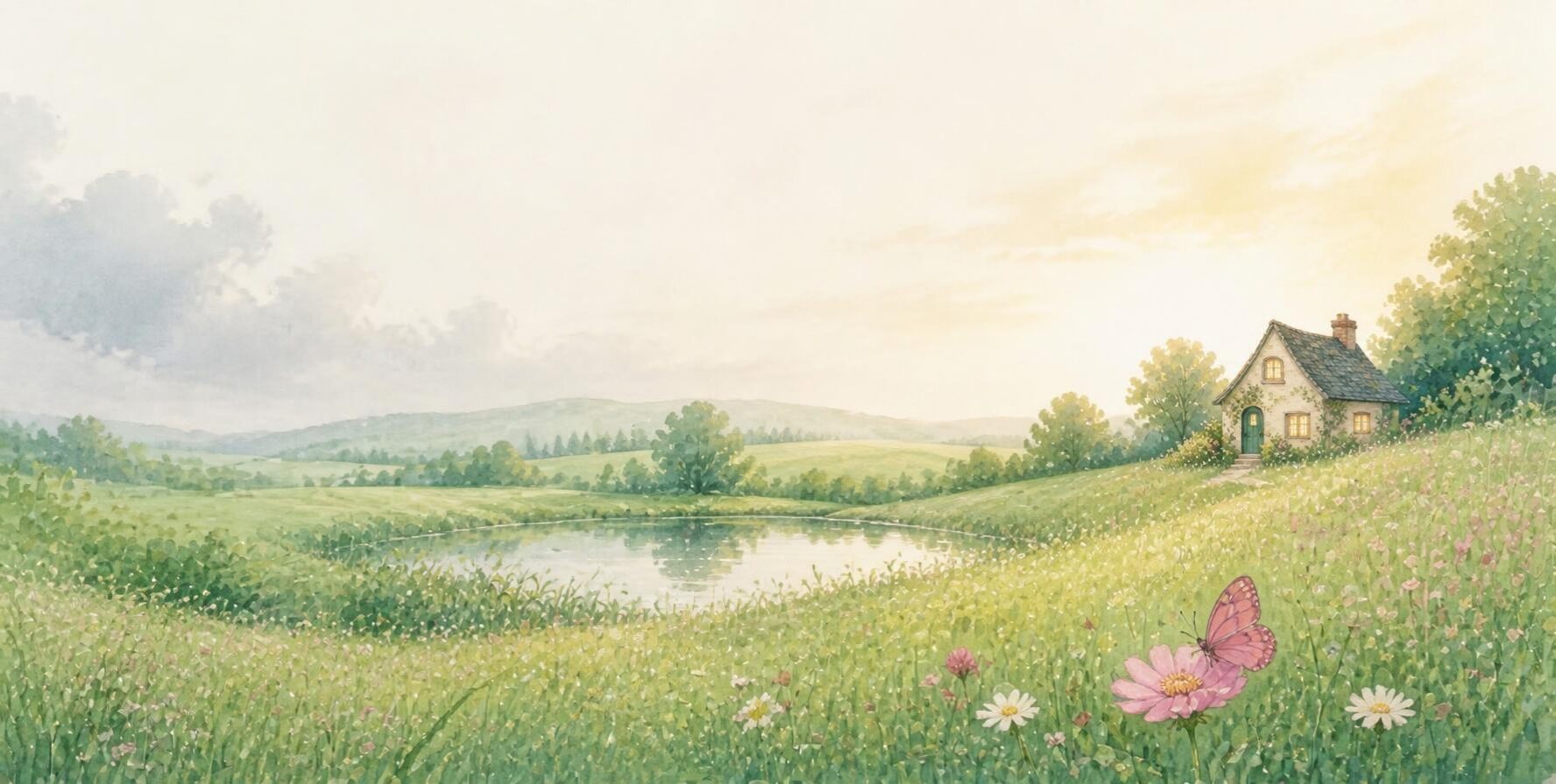 Watercolour of a meadow after rain: grey clouds drifting away, a still pond and a butterfly resting on a wildflower
