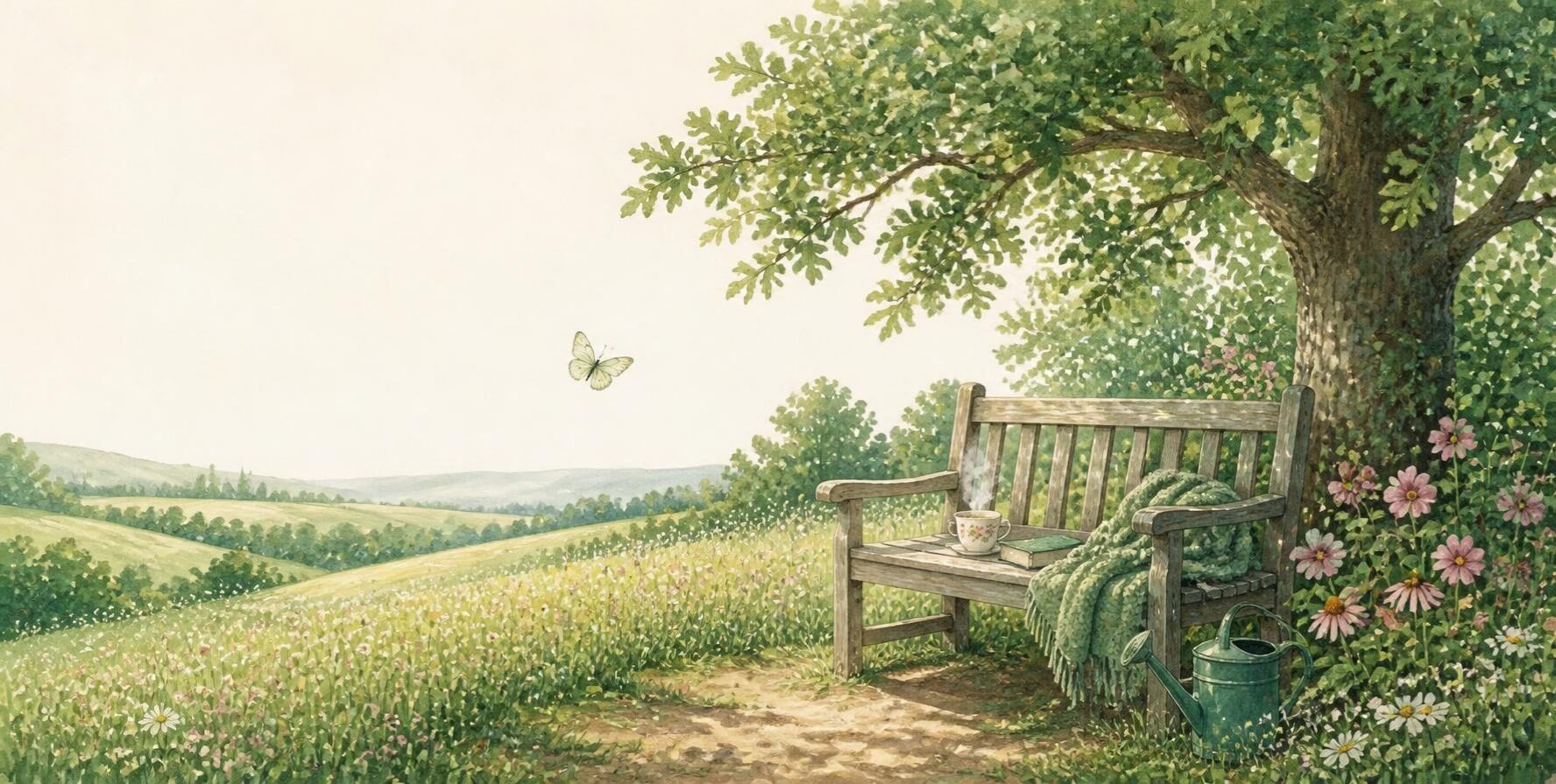 Watercolour of a wooden bench in the shade of an oak, with a cup of tea, a book and a blanket beside a flowerbed