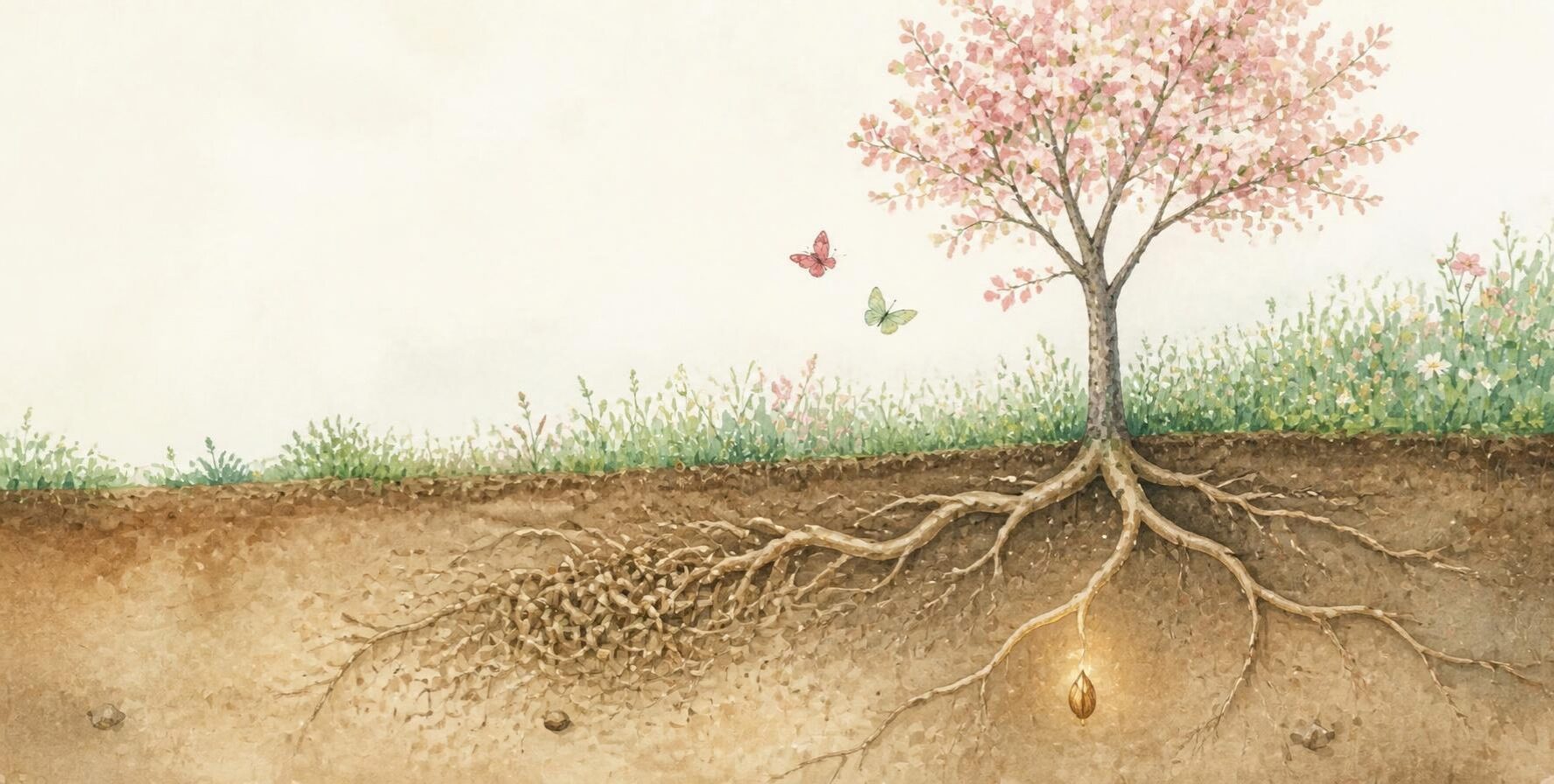 Watercolour cross-section of a meadow: a blossoming tree above ground, its roots spreading and knotting through the soil below